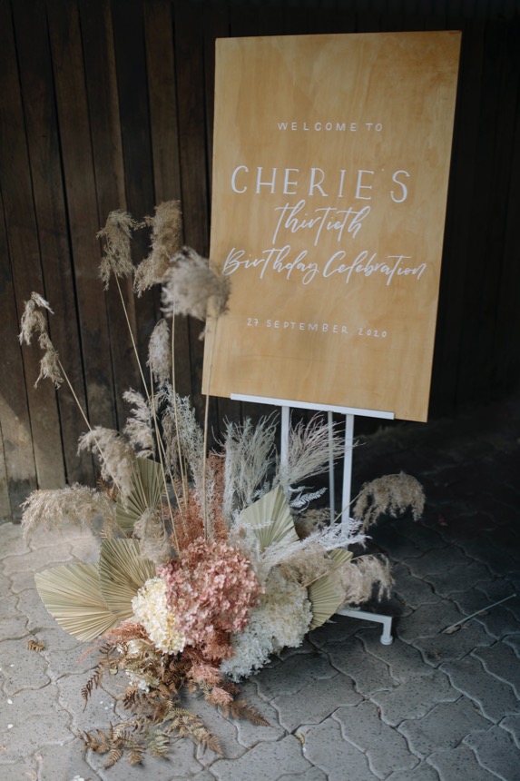 Cherie’s 30th Birthday Floral Arrangement & Welcome Sign